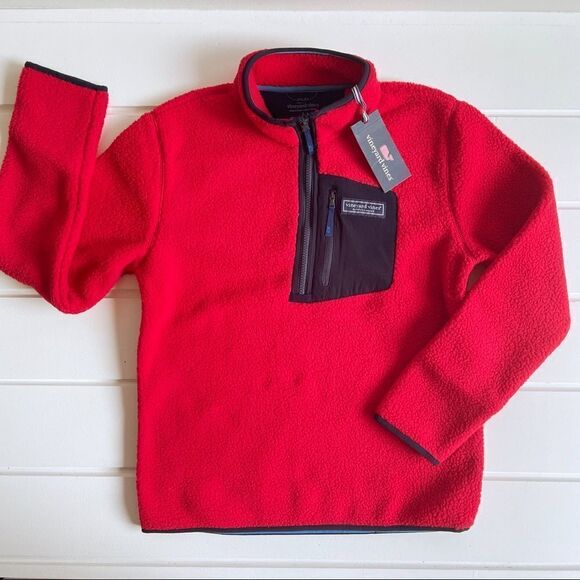 Vineyard Vines Boys' Red Velvet Sherpa Fleece Half-Zip Sweatshirt Jacket NWT L - Picture 1 of 10